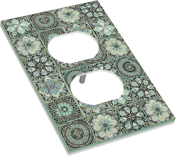 Moroccan Mandala Tile Floral Talavera Tiles Outlet Covers 1 Gang Duplex Light Switch Cover Decorative Switch Plates Electrical Receptacle Faceplate Wall Plate for Bathroom Kitchen Decor