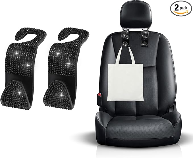 Ohleats 2 PCS Bling Car Seat Headrest Hooks, Crystal Rhinestone Back Seat Hanging Storage Organizer, Vehicle Seat Hanger Holder for Purse Handbag Coat, Interior Car Accessories (Black)