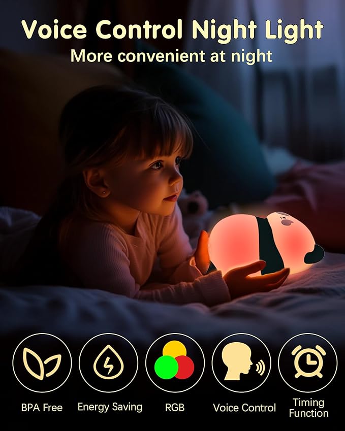 Voice Control Panda Night Light, 6 Colors 30-Minute Timer, Cute Animal Silicone Nursery Night Light Rechargeable Table Lamp Bedside Lamp with Touch Sensor for Baby Holiday Gift for Boys & Girls