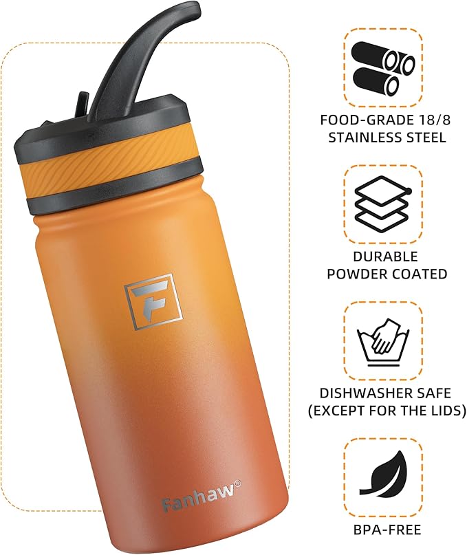 Fanhaw 14 Oz Kids Insulated Water Bottle with Straw Lid – Stainless Steel Double Wall Vacuum, Leak-Proof, BPA-Free Water Bottles for School Boys & Girls(Yellow Orange)