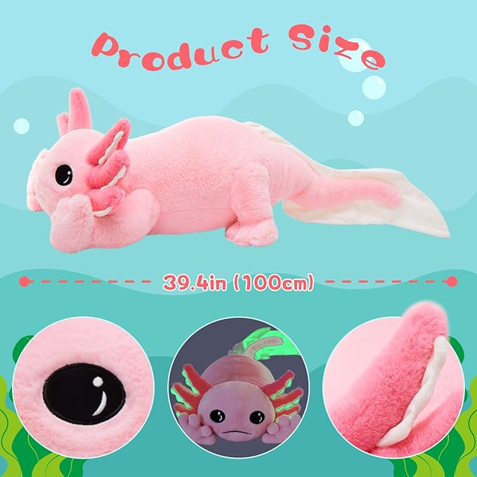 Tezituor Large Axolotl Plush Pillow, 39.5" Giant Glowing Axolotl Stuffed Animal, Super Soft & Cuddly Glow in The Dark Long Body Pillow for Kids, Teens Adults Birthday Gifts