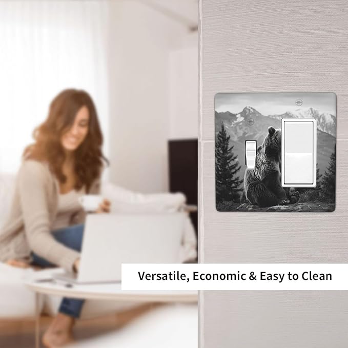 Light Switch Cover Plate Black White Bear Mountain Pine Trees Wilderness 2 Gang Combo Wall Plates Toggle Rocker Decorative Switch Plates and Outlet Covers for Bathroom Bedroom Decor