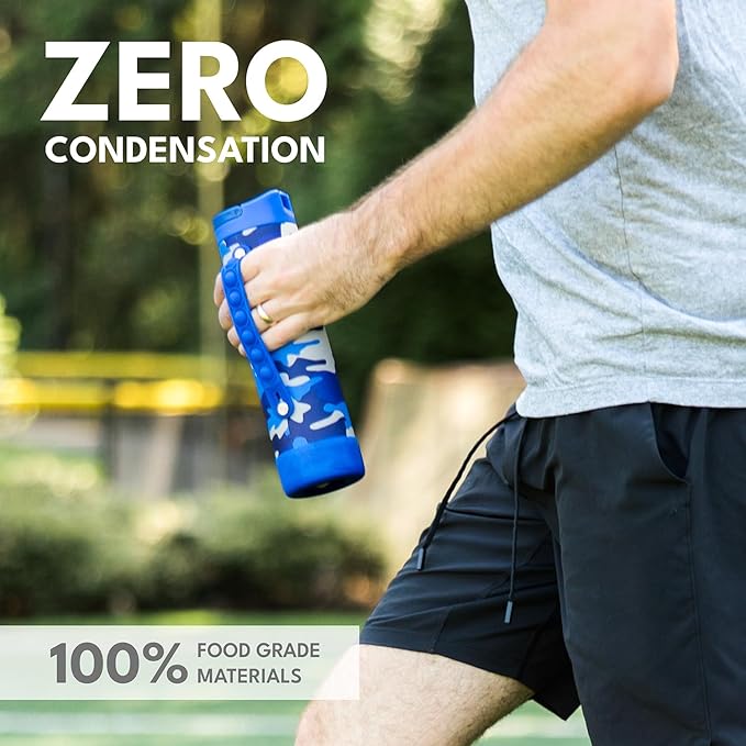 Elemental Iconic Kids Water Bottle with Straw Lid & Stress Reliever Pop It Handle, Leak-Proof When Closed, Triple Insulated Stainless Steel Reusable Thermos Water Bottle, 20oz - Blue Camo