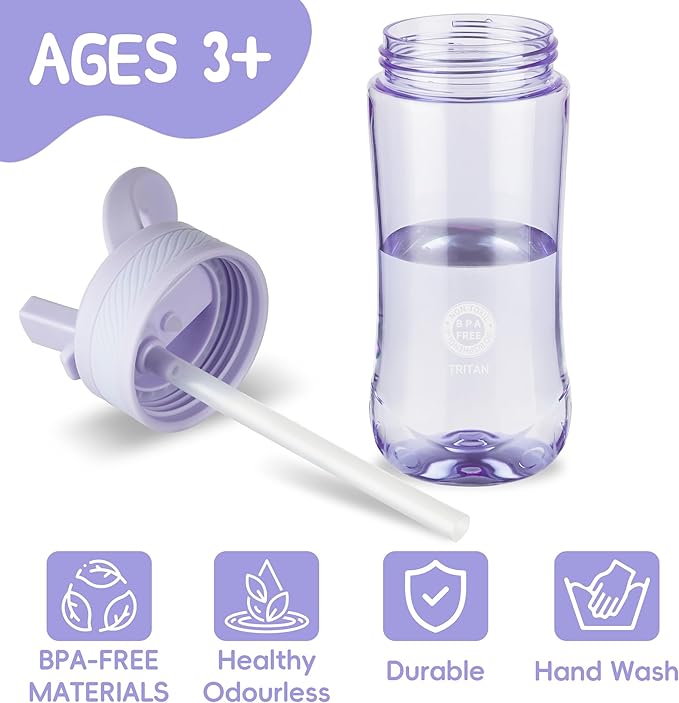 Kids Clear Water Bottle 14oz Flip with Straw Carry Handle, Leakproof, Reusable, Tritan, BPA Free, Suitable for Boys and Girls, Light purple