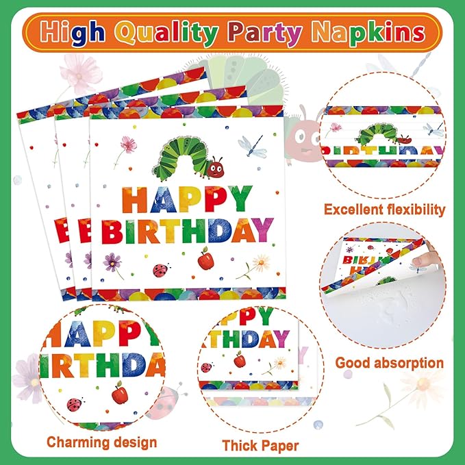 96Pcs Caterpillar 1st Birthday Party Plates and Napkins Green Caterpillar Theme Decor Very Hungry Paper Disposable Dessert Cake Plates Cartoon Insect Tableware Set for Kids Birthday 24 Guests