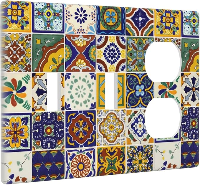 Yellow Mexican Moroccan Sun Tile 3-Gang 2-Toggle 1-Duplex Receptacle Combination Light Switch Decorative Triple Combo Device Switches/Rocker Outlet Covers and Wall Plate