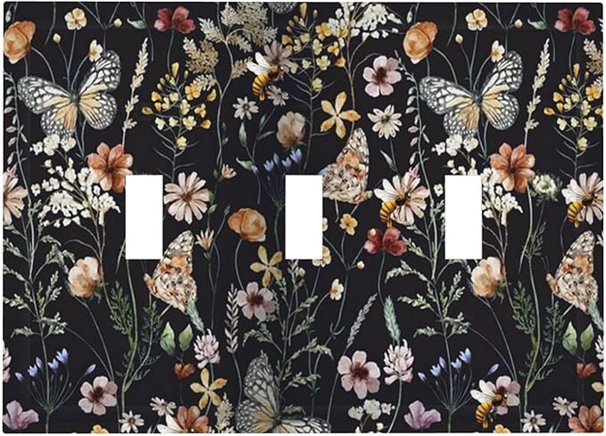 Vintage Flower Leaves Triple Toggle Wall Plates Cute Bees 3 Gang Light Switch Cover Decorative Dark Backgrounds Electrical Switchplate Faceplate Butterfly Dimmer Decor for Bedroom Kitchen Bathroom