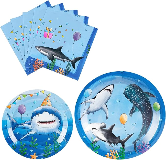 WERNNSAI Shark Birthday Decorations - 48PCS Shark Party Plates and Napkins Under The Sea Birthday Supplies Blue Ocean Plates Tableware for Kids Boys Baby Shower Summer Pool Party Decor Serves 16 Guest