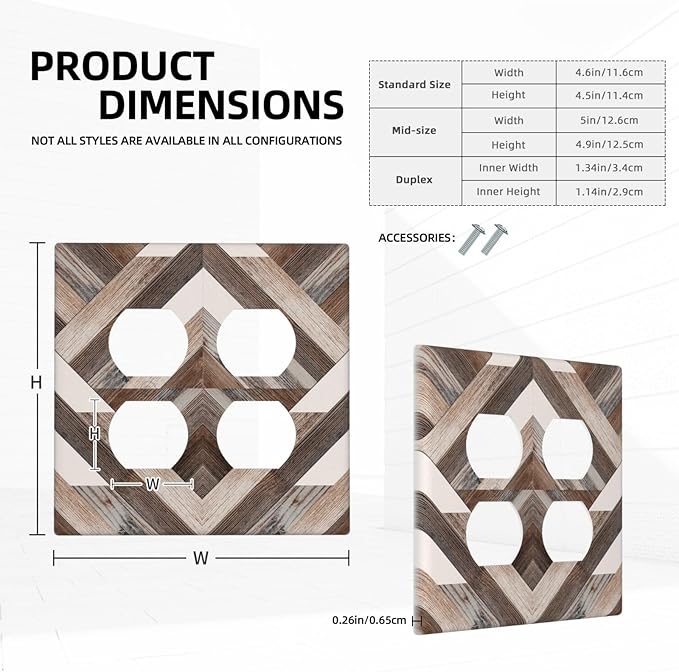 Polygon Collage Abstract Shapes Rustic Wood Panel Print Outlet Covers 2 Gang Double Duplex Decorative Light Switch Covers Electrical Wallplates Socket Faceplate for Farmhouse Bedroom Decor