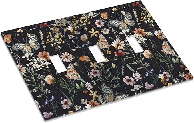 Vintage Flower Leaves Triple Toggle Wall Plates Cute Bees 3 Gang Light Switch Cover Decorative Dark Backgrounds Electrical Switchplate Faceplate Butterfly Dimmer Decor for Bedroom Kitchen Bathroom