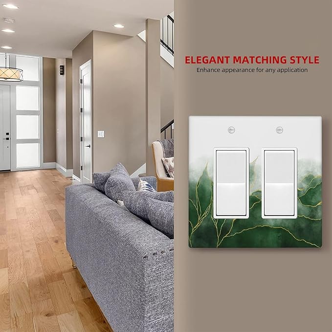 Decorative Outlet Covers Green Gold Leaf Marble Modern Abstract 2 Gang Double Rocker Light Switch Cover Decorative Switch plates Electrical Wallplates GFCI Receptacle for Kitchen Bathroom