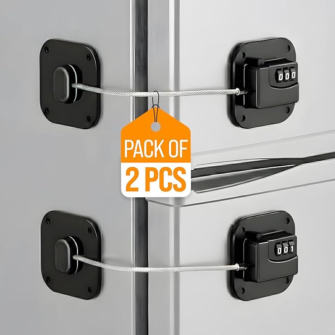 Fridge Lock, 2 PCS Refrigerator Lock for Freezer,Cabinets and Drawers,Air Fryer,Doors,Combination Code,Heavy Duty with Adhesive Backing, Easy Install,No Keys Needed Black