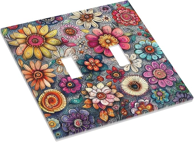Decorative Switch Plates Colorful Rainbow Pointillisme Flower 2 Gang Double Toggle Outlet Light Switch Cover Wall Plate Electrical Faceplate For Bed Room Home Decor