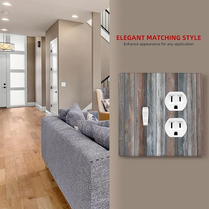 Decorative Outlet Covers Vintage Blue Grey Brown Wood Plank 2 Gang Wall Plate Single Toggle Duplex Light Switch Cover Switch Plate Covers Faceplate for Farmhouse Bedroom Decor