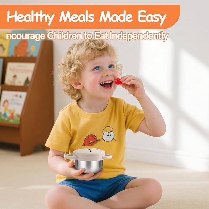 Mity rain Stainless Steel Snack Containers for Toddlers with Spill-Proof Silicone Lids Handles - 3-in-1 Baby Snack Cups, No-Spill Toddler Snack Box (Orange+Beige, Two piece set)
