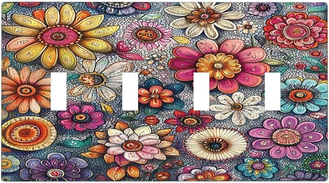 Light Switch Covers Colorful Rainbow Pointillisme Flower Quad Toggle Electrical Faceplate 4 Gang Wall Plate Decorative Switch Plates For Bed Room Home Decor