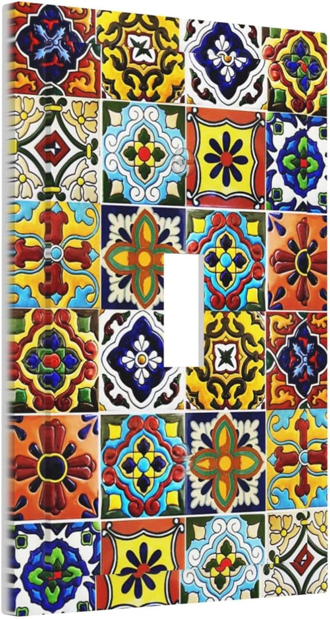 Matte Kitchen Colorful Mosaic Morocco Mexican Mexico Boho Talavera Style Ceramic Tile 1 Gang Electrical Single Toggle Device Switch Wall Plate Jumbo Size Decorative Outlet Light Switch Cover Faceplate