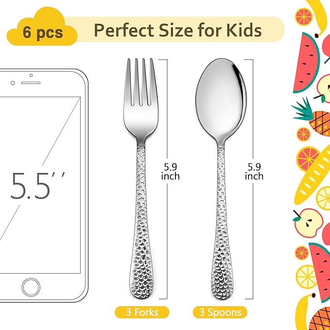 LIANYU 6-Piece Kids Silverware Set, Stainless Steel Toddler Utensils Flatware, Includes Kids Spoons and Forks, Cutlery Set for Child Preschooler, Dishwasher Safe
