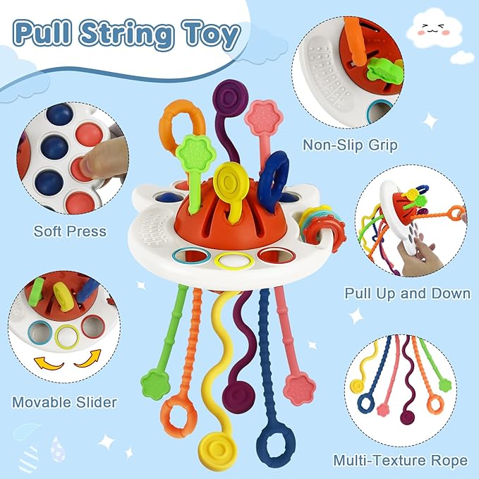 6 in 1 Montessori Toys for Babies 6-12 Months Up - Incl Pull String Toy, Stacking Cups, Tissue Box, Suction Cup Spinner, Stacking Blocks,Activity Cube, Baby Toys for 1 2 3 Year Old