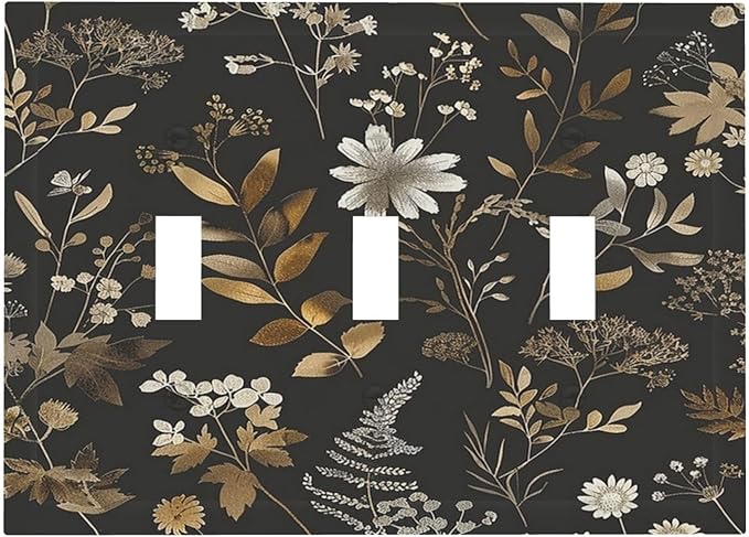 Decorative Switch Plates Black Gold Floral Dark Leaves Vintage Flowers 3 Gang Wall Plate Triple Toggle Light Switch Cover Faceplate Electrical Wall Panels for Bed Room Home Decor