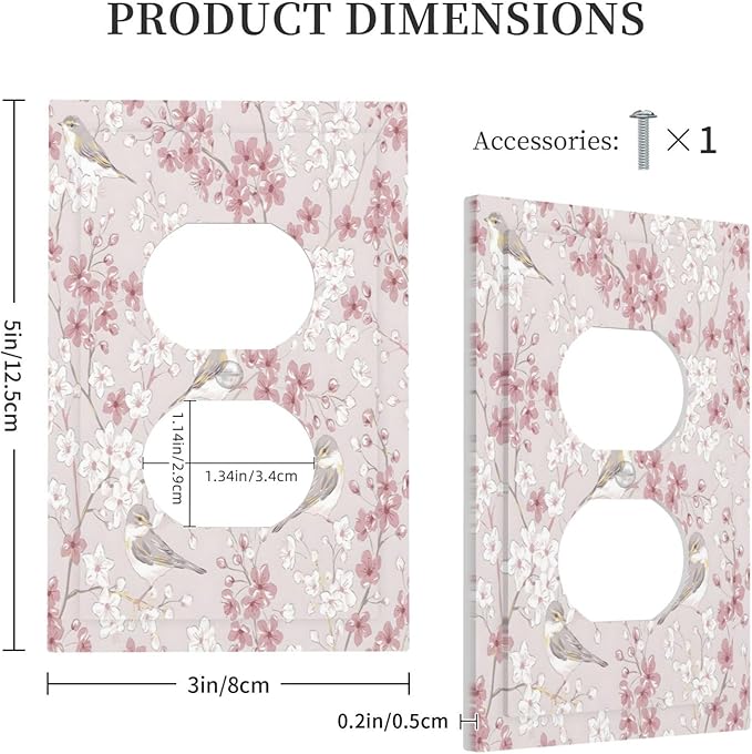 Pink Sakura Cherry Blossom Vintage Bird Floral Flower Outlet Covers 1 Gang Duplex Light Switch Cover Decorative Switch Plates Electrical Receptacle Faceplate Wall Plate for Bedroom Living Room Decor