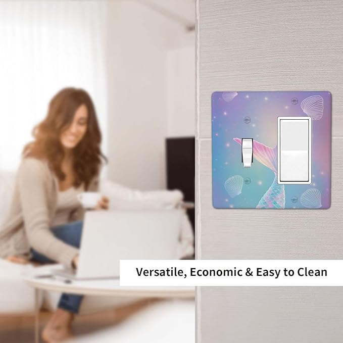Cute Mermaid Pink Tail Scales Shells Colorful Ocean Outlet Covers 1 Toggle 1 Rocker Combination Decorative Wall Plate Electrical Switch Plates Light Switch Cover Plate for Kids Room Nursery Decor