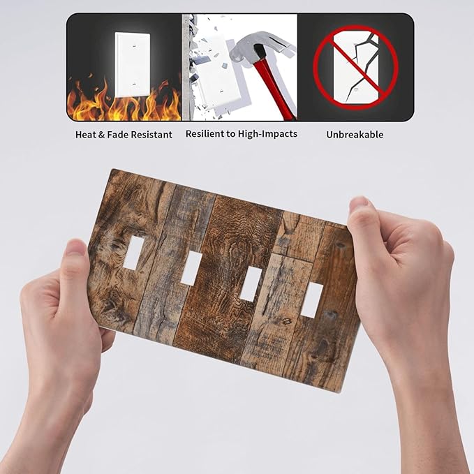 Vintage Board Rustic Brown Wood Texture Light Switch Covers Quad Toggle Electrical Faceplate 4 Gang Wall Plate Decorative Switch Plates Cover for Farmhouse Home Decor