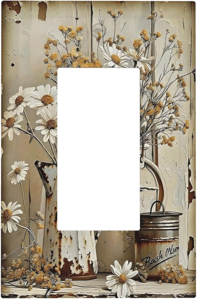 Rustic Flowers Daisy Floral White Wooden Planks Decorative Outlet Covers 1 Gang Single Rocker Light Switch Cover Plate Wall Plates GFCI Faceplate for Farmhouse Home Decor
