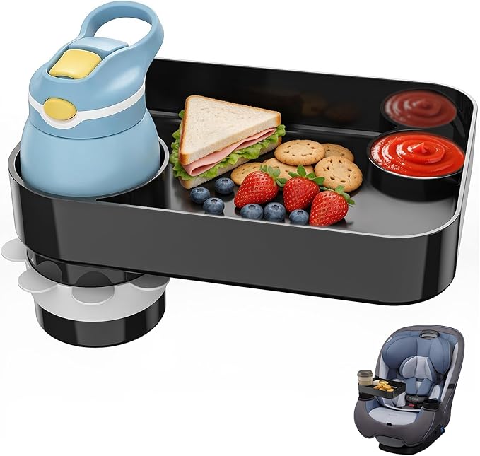 Kids Car Seat Tray, Travel Tray with Cup Holder for Toddler Baby, Kids Car Seat Food Snack Organizer for Road Trip, Stroller Snack Organizer Travel Must Haves Toddler Must Haves (Black, 1 Pack)
