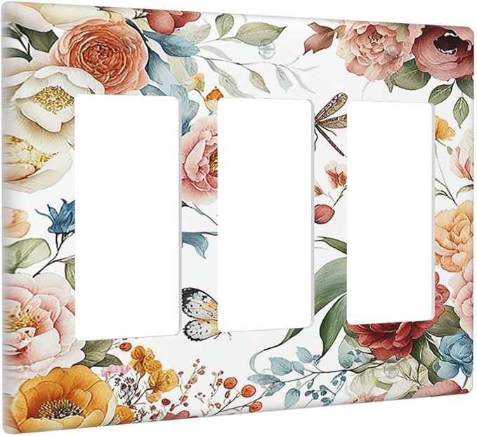 Rustic Style Colorful Peony Butterfly Dragonfly Light Switch Covers 3 Gang Rocker Decorative Triple Outlet Wall Plate Cover Switchplate Electrical Gfci for Bedroom Living Room Decor