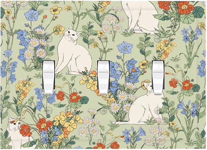 Decorative Switch Plates Vintage Floral Cute Cat Colorful Flowers 3 Gang Wall Plate Triple Toggle Light Switch Cover Faceplate Electrical Wall Panels For Bed Room Living Room Decor