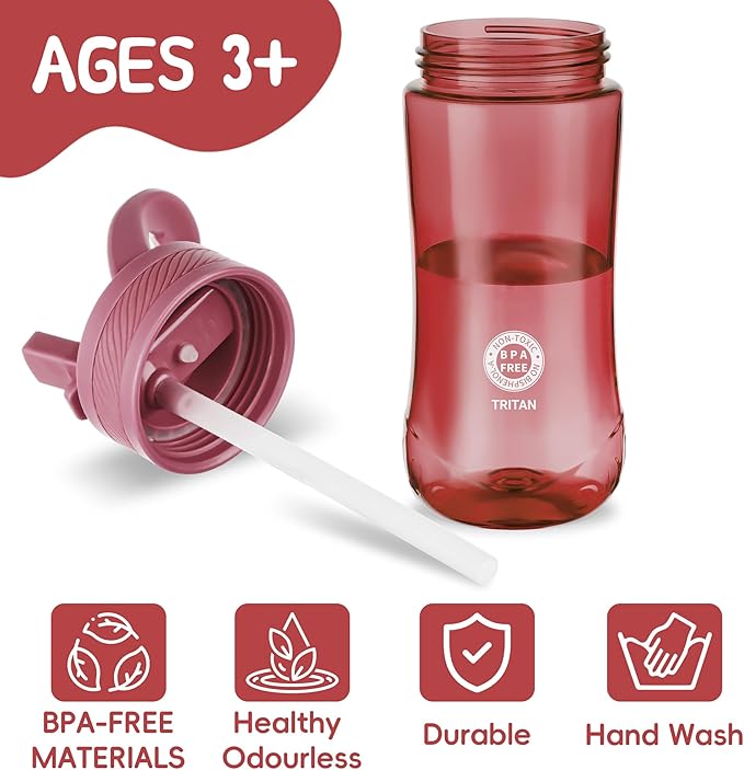 Kids Clear Water Bottle 14oz Flip with Straw Carry Handle, Leakproof, Reusable, Tritan, BPA Free, Suitable for Boys and Girls, Red