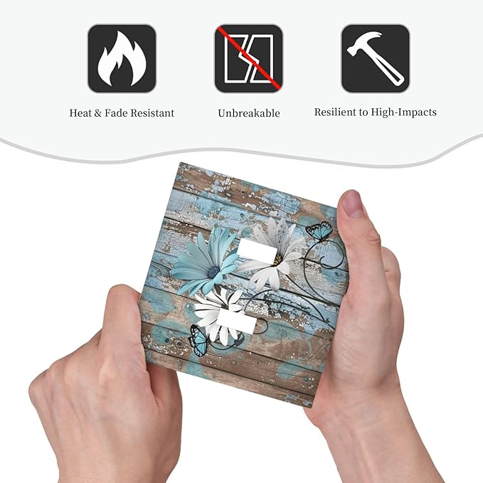 Decorative Switch Plates Rustic Flower Teal Turquoise Daisy Butterfly 2 Gang Double Toggle Outlet Light Switch Cover Wall Plate Electrical Faceplate For Farmhouse Cabin Decor