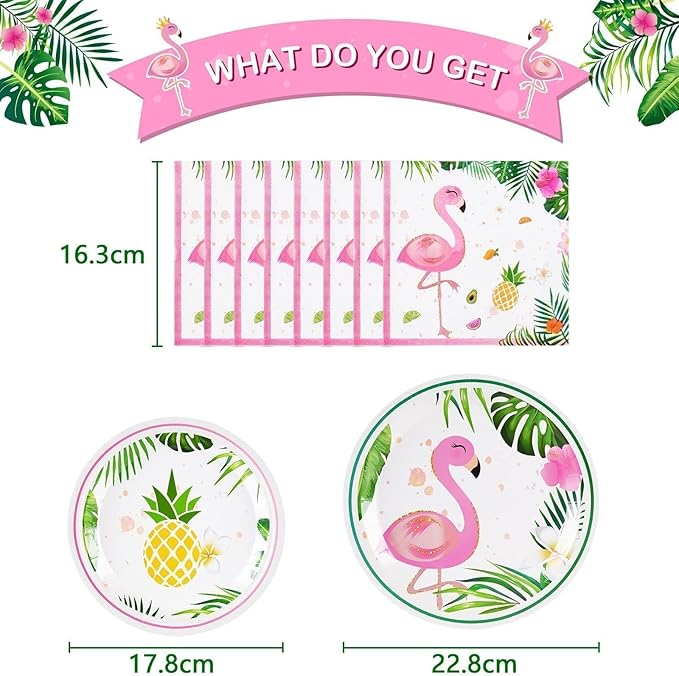 WERNNSAI Flamingo Party Decorations - 48PCS Hawaiian Plates and Napkins Summer Flamingo Themed Tableware Set Tropical Dinner Plates and Napkins for Girls Kids Birthday Baby Shower Serves 16 Guests