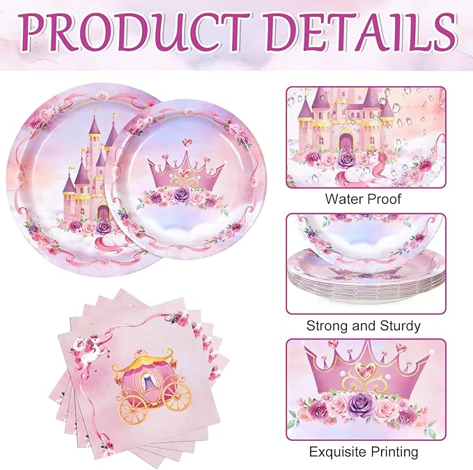 WERNNSAI Princess Party Decorations - 48PCS Princess Birthday Decorations Set Includes Plates Napkins Castle Crown Design for Pink Themed Birthday Party Picnic Wedding Serves 16 Guests