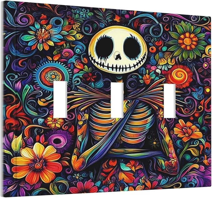 Decorative Switch Plates Colorful Flowers Abstract Skull 3 Gang Wall Plate Triple Toggle Light Switch Cover Faceplate Electrical Wall Panels For Home Living Room Decor