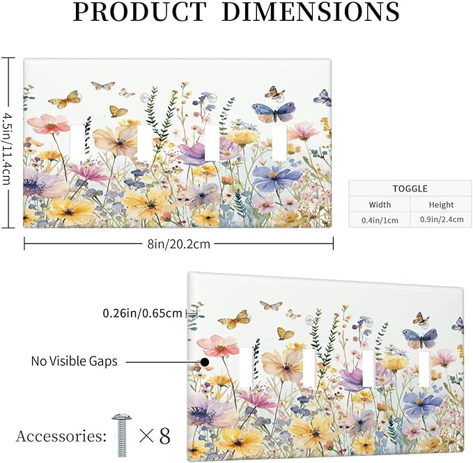 Wildflowers Colorful Flower Butterfly Floral Light Switch Covers Quad Toggle Electrical Faceplate 4 Gang Wall Plate Decorative Switch Plates Cover for Farmhouse Bedroom Decor