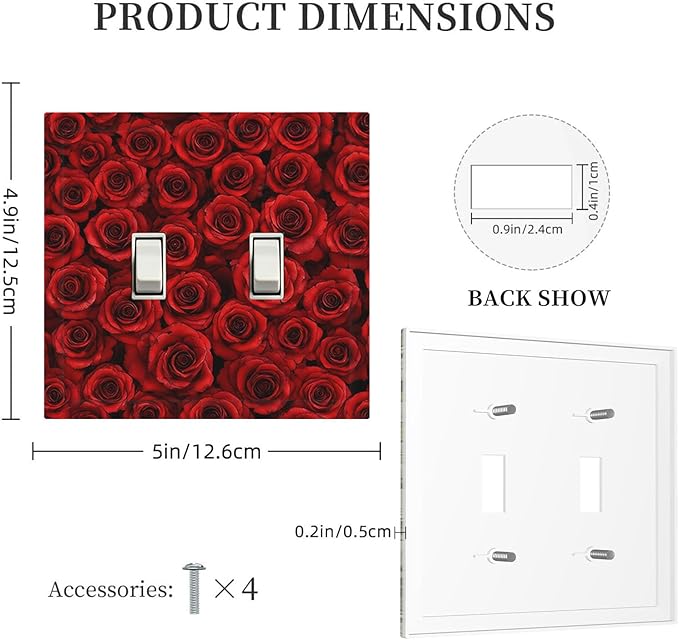 Lush Red Roses Double Toggle Switch Cover - 2-Gang Standard US Size Romantic Rose Bouquet Light Switch Covers for Bedroom Powder Room Decor