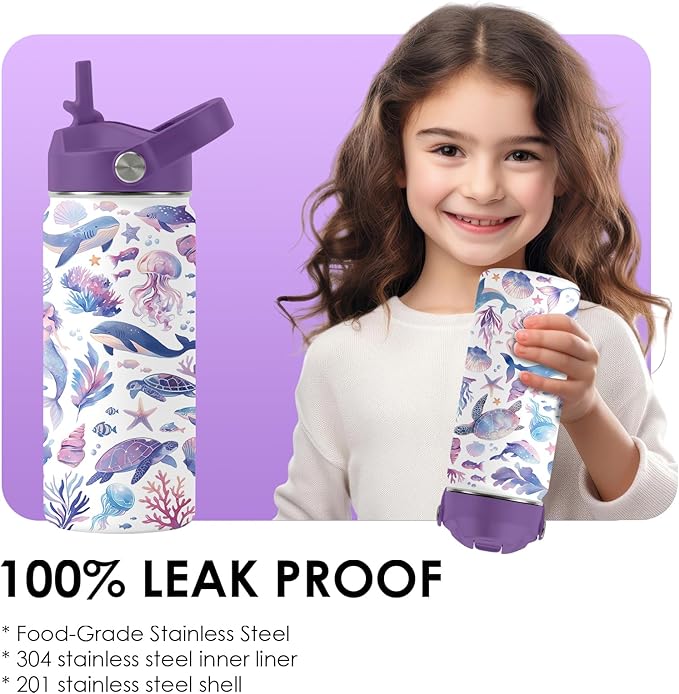 Ocean Gifts for Kids - 16 Oz Purple Water Bottle with Straw Lid, Stainless Steel Insulated Tumbler, Leak Proof, BPA-Free, for Girls & Boys, School, Beach - Marine Life Lovers Birthday Gifts (1pc)
