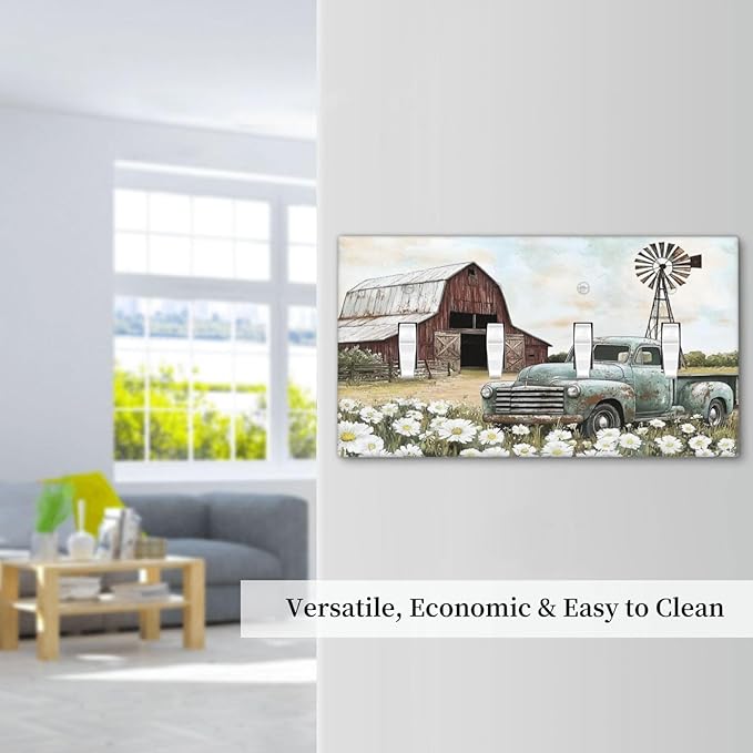 Retro Trucks Old Barn Windmill Teal Car Rustic Light Switch Covers Quad Toggle Electrical Faceplate 4 Gang Wall Plate Decorative Switch Plates for Farmhouse Home Decor