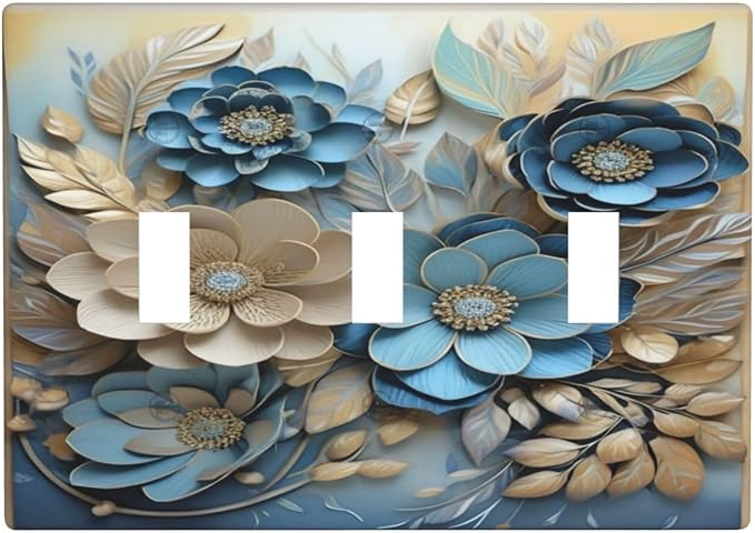 Decorative Art Light Switch Covers Blue and Creamy Floral 3 Gang Triple Toggle Wall Plate Decorative Switch plate Electrical Faceplate for Home Decor