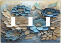 Decorative Art Light Switch Covers Blue and Creamy Floral 3 Gang Triple Toggle Wall Plate Decorative Switch plate Electrical Faceplate for Home Decor