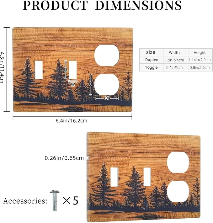 Country Forest Pine Tree Woodland Woods 3-Gang 2-Toggle 1-Duplex Device Combination Wall Plate, Retro Vintage Wood Wooden Three Gang Combo Two Toggle/One Duplex Receptacle Outlet Light Switch Cover