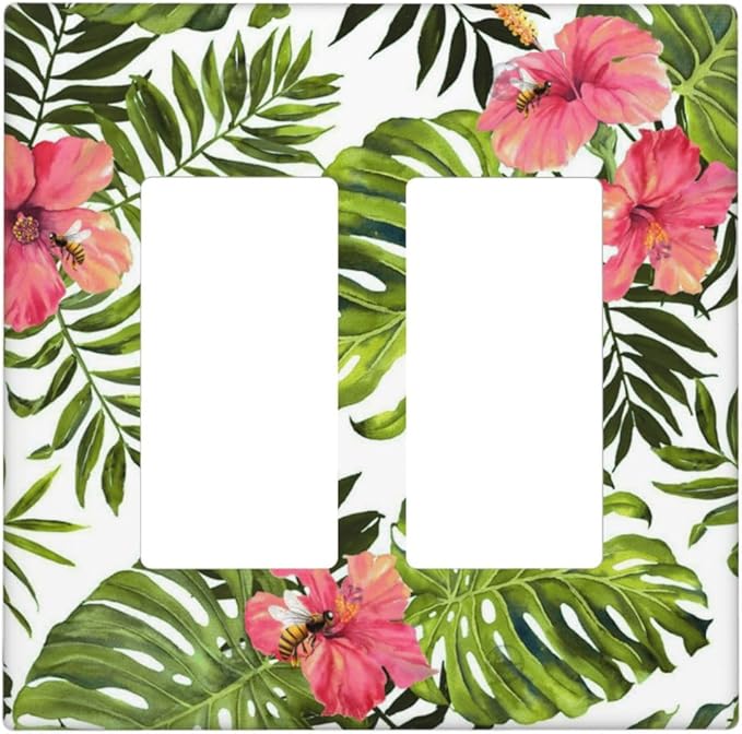 Tropical Plant Green Palm 2 Gang Double Rocker/Decora Light Switch Cover Decorative Wallplate Banana Leaves Pink Flower Rainfores Jungle Botanical Gfci Electrical Faceplate Home Bedroom Art Decor