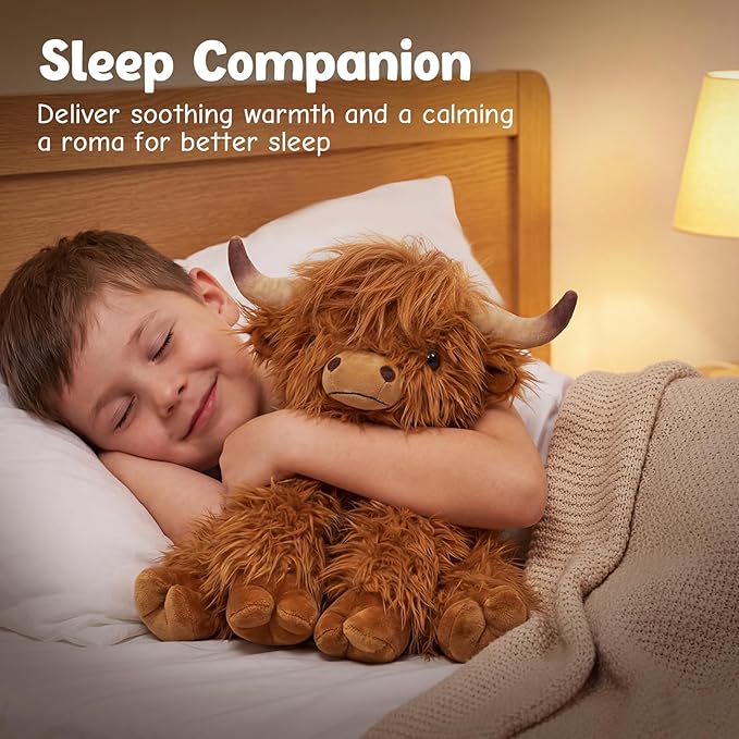 Highland Cow Stuffed Animals, Microwavable & Weighted Stuffed Animal, Highland Cow Plush for Warmth Comfort, Heatable Coolable Lavender Scent Toy, Cute Soft Plushies Gifts for Kids Boy Girl and Adults