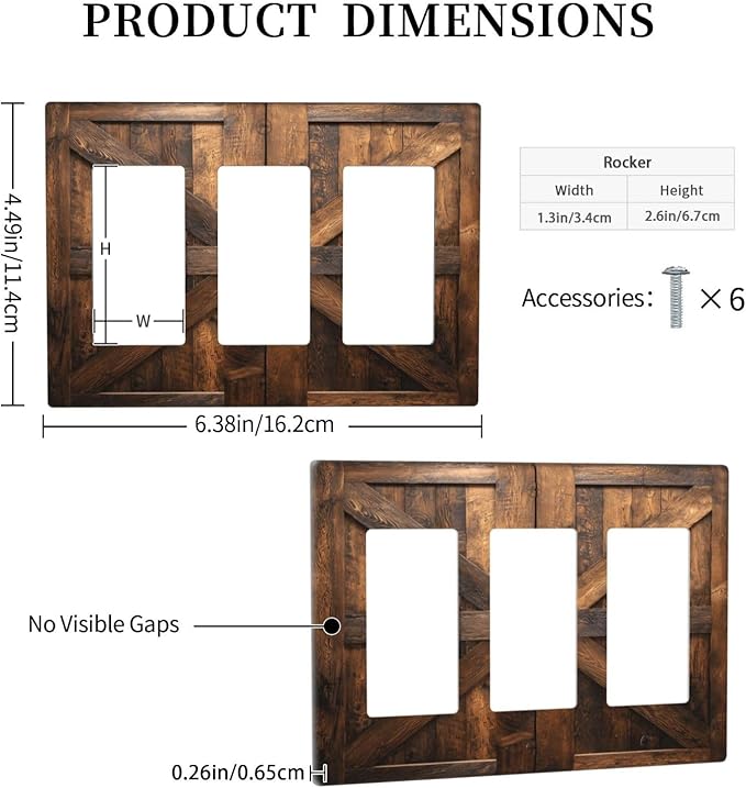 Decorative Outlet Covers Retro Brown Wood Barndoor 3 Gang Light Switch Cover Plate Triple Rocker Wall Plates for Electrical Outlets Switch Plate Covers for Farmhouse Home Decor