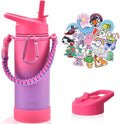 Mininoo Kids Water Bottle, Girls Water Bottle for School, 16oz Metal Stainless Steel Water Bottle Kids with Straw Lid（Punch/Purple）