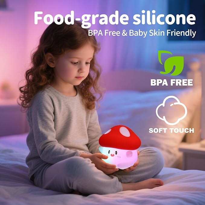 Rytinazzz Mushroom Night Light, Color Changing & 50-Hour Battery, Squishy Lamp with Pat Control for Kids Room Decor, USB Rechargeable, Mothers Day Gifts