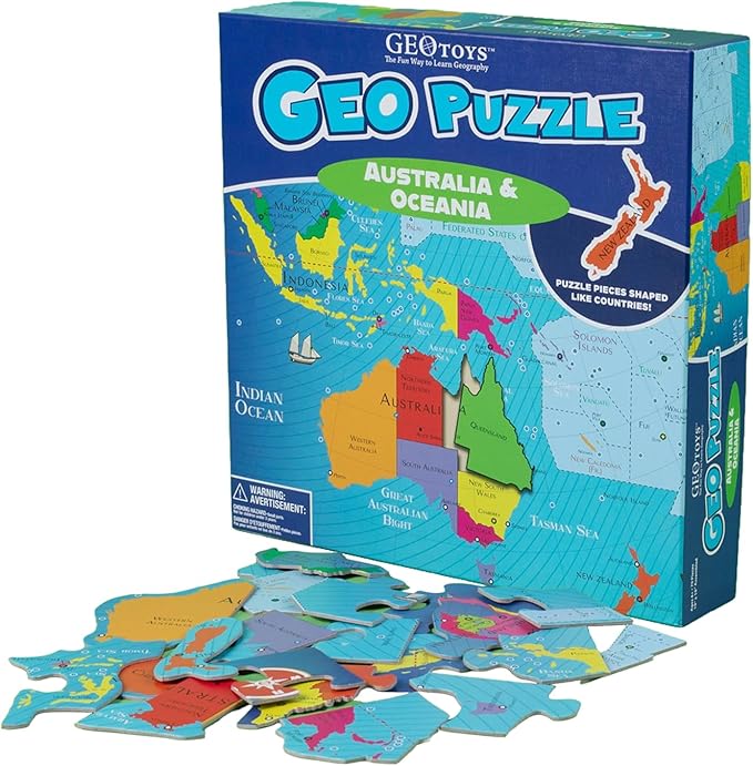 GeoToys GeoPuzzle, Australia & Oceania Jigsaw Puzzles, 50 Pc Geography Game & Map Puzzle, Educational Games & Kids Learning Activities, Puzzle Gifts for Children Ages 6-9, Fun Learning Toys for Kids