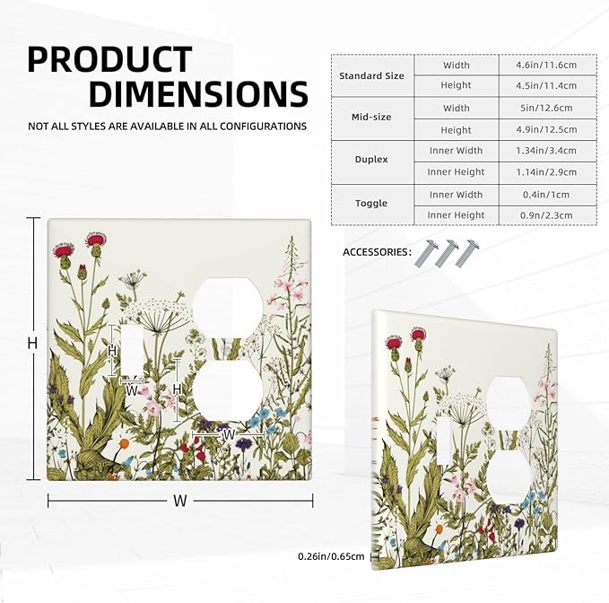 Country Spring Wildflower Floral 2 Gang Combo Device 1-Toggle 1-Duplex Outlet Light Switch Cover Colorful Vintage Flowers Blossom Nature Combination Single Toggle/Receptacle Outlet Wall Plate Covers